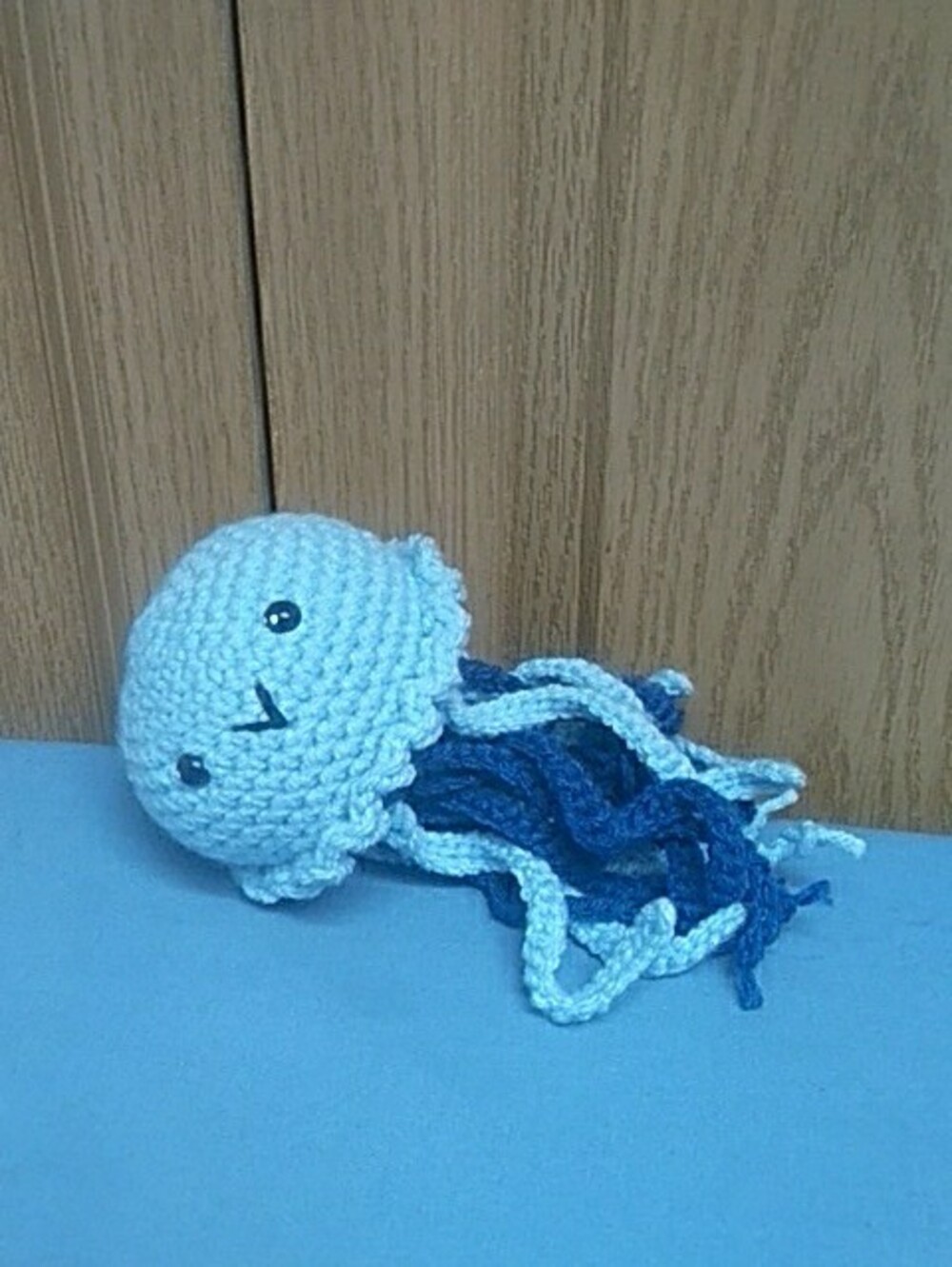 Handmade Crocheted Jellyfish in Light Blue and Navy - Picture 4 of 5